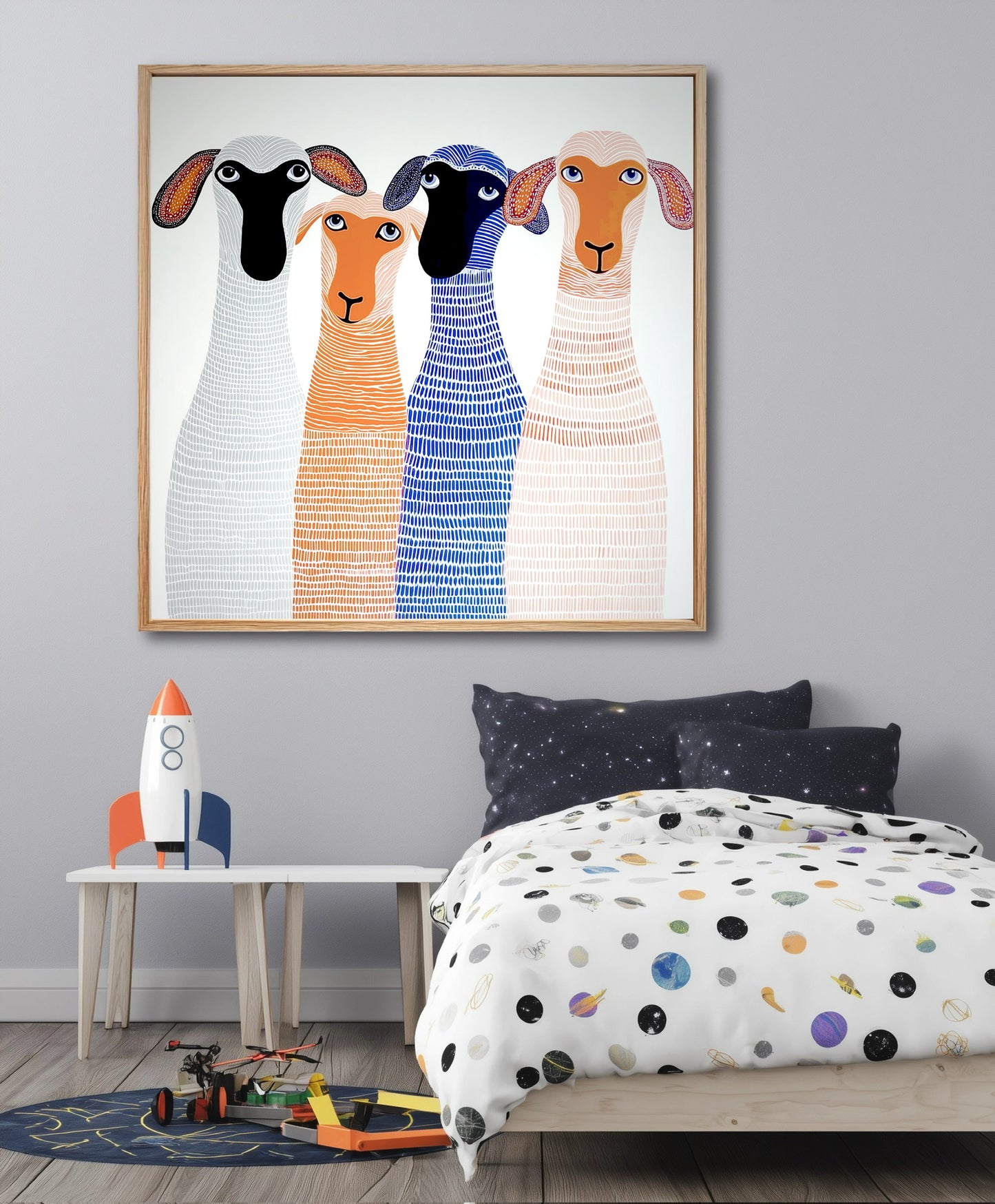Colorful folk art sheep painting in a light wood frame, hung in a child's bedroom with space-themed bedding and toys.