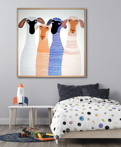 Colorful folk art sheep painting in a light wood frame, hung in a child's bedroom with space-themed bedding and toys.