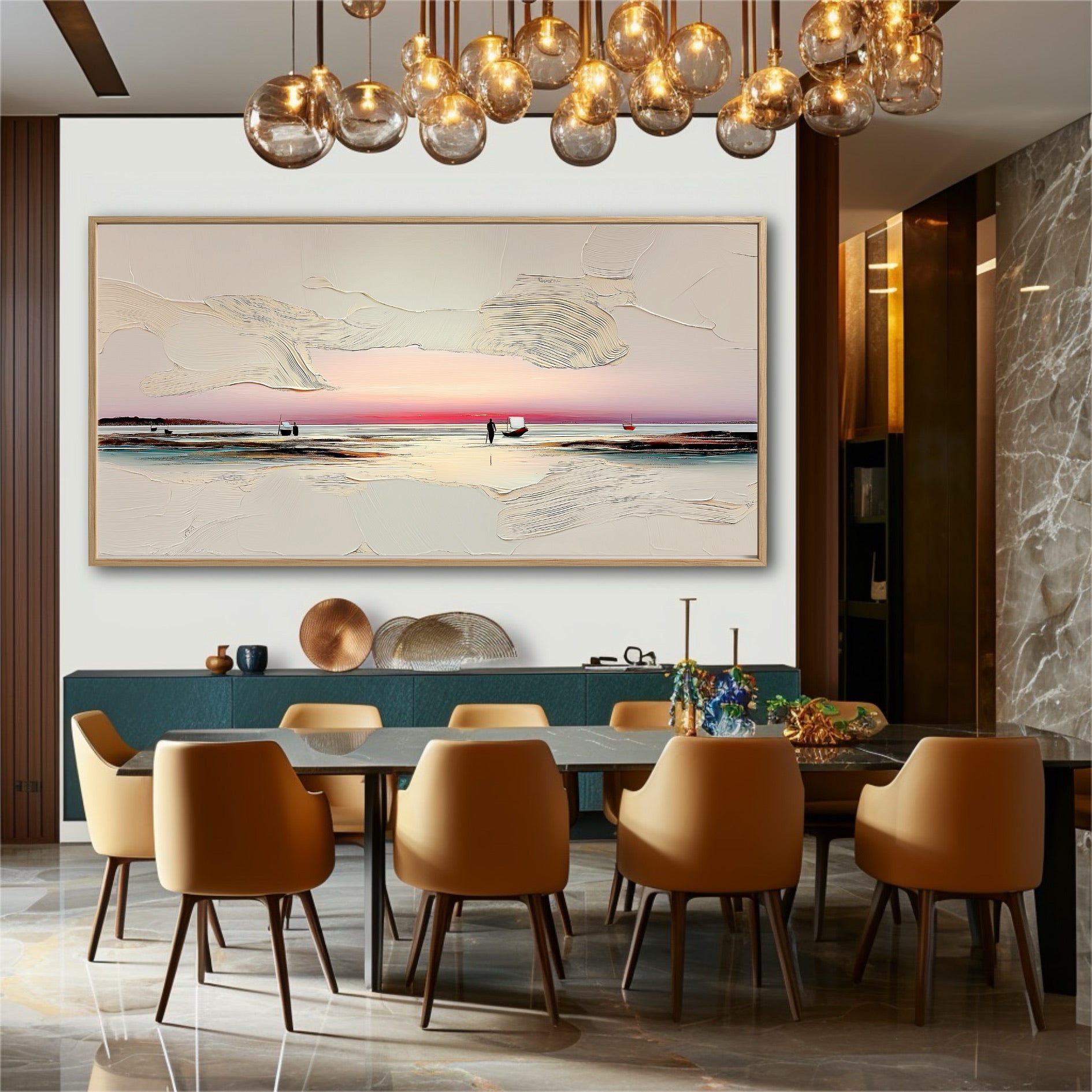 A large abstract painting acts as a sophisticated statement piece in a modern dining room, its sunset hues contrasting the teal buffet.