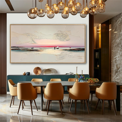 A large abstract painting acts as a sophisticated statement piece in a modern dining room, its sunset hues contrasting the teal buffet.