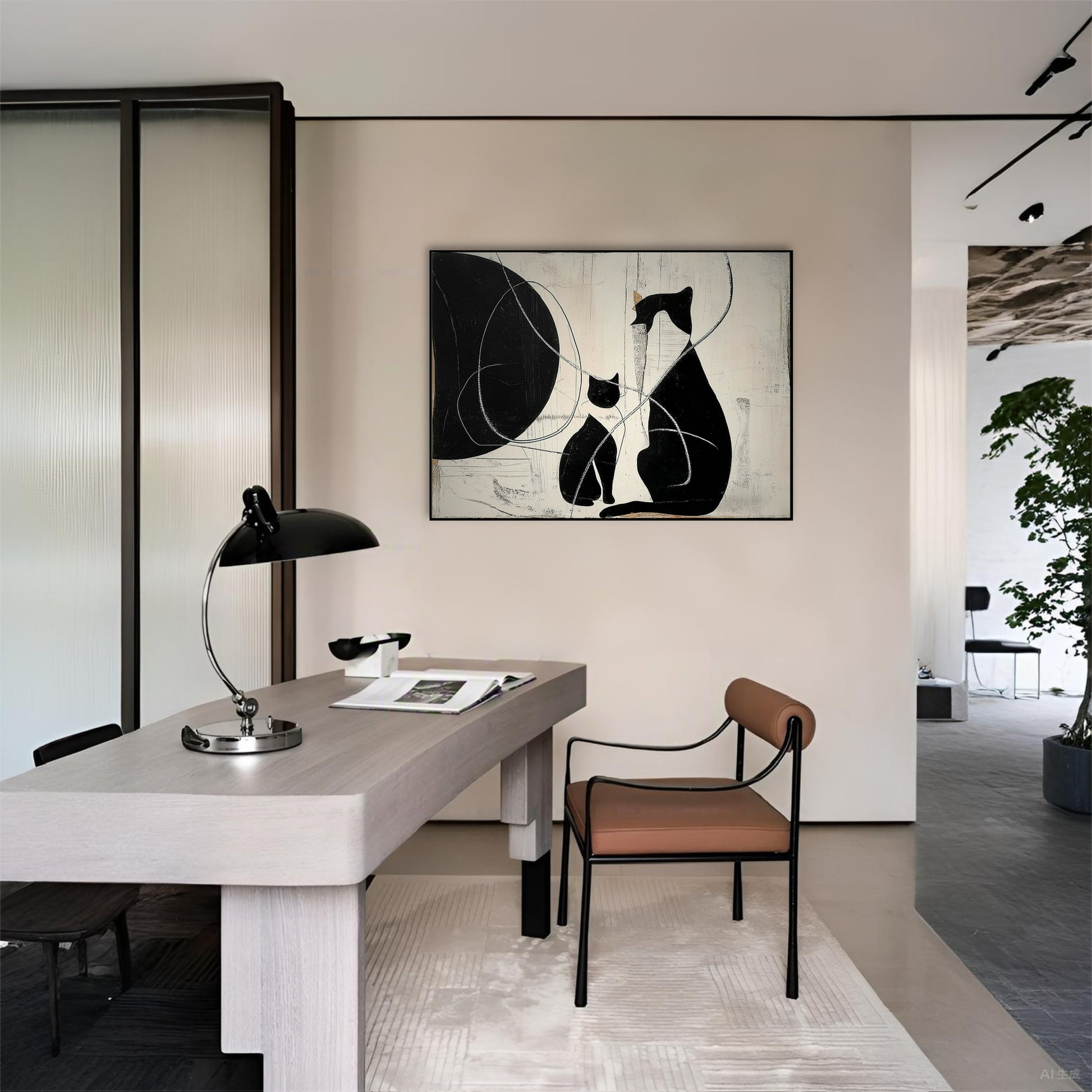 	Abstract cat silhouettes fine art enhances a light-toned modern office setup with a large wood desk and leather chair.