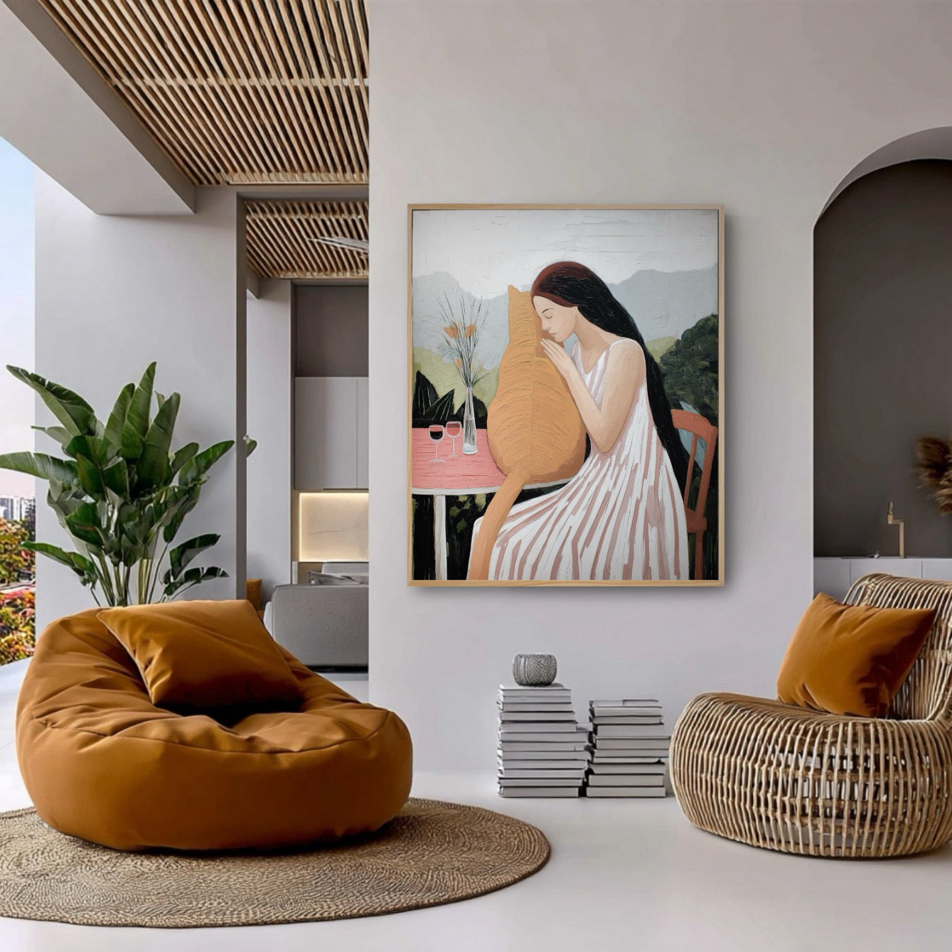 Original oil painting enhances a modern space. Slatted wood ceiling, architectural archway, burnt orange seating, and neutral walls.