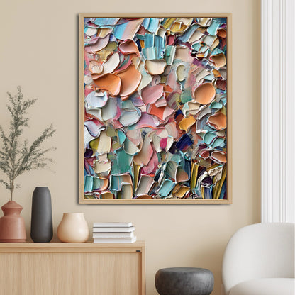 Textured abstract painting provides a bold color and texture accent above a minimalist wood sideboard in a contemporary, neutral-toned entryway.