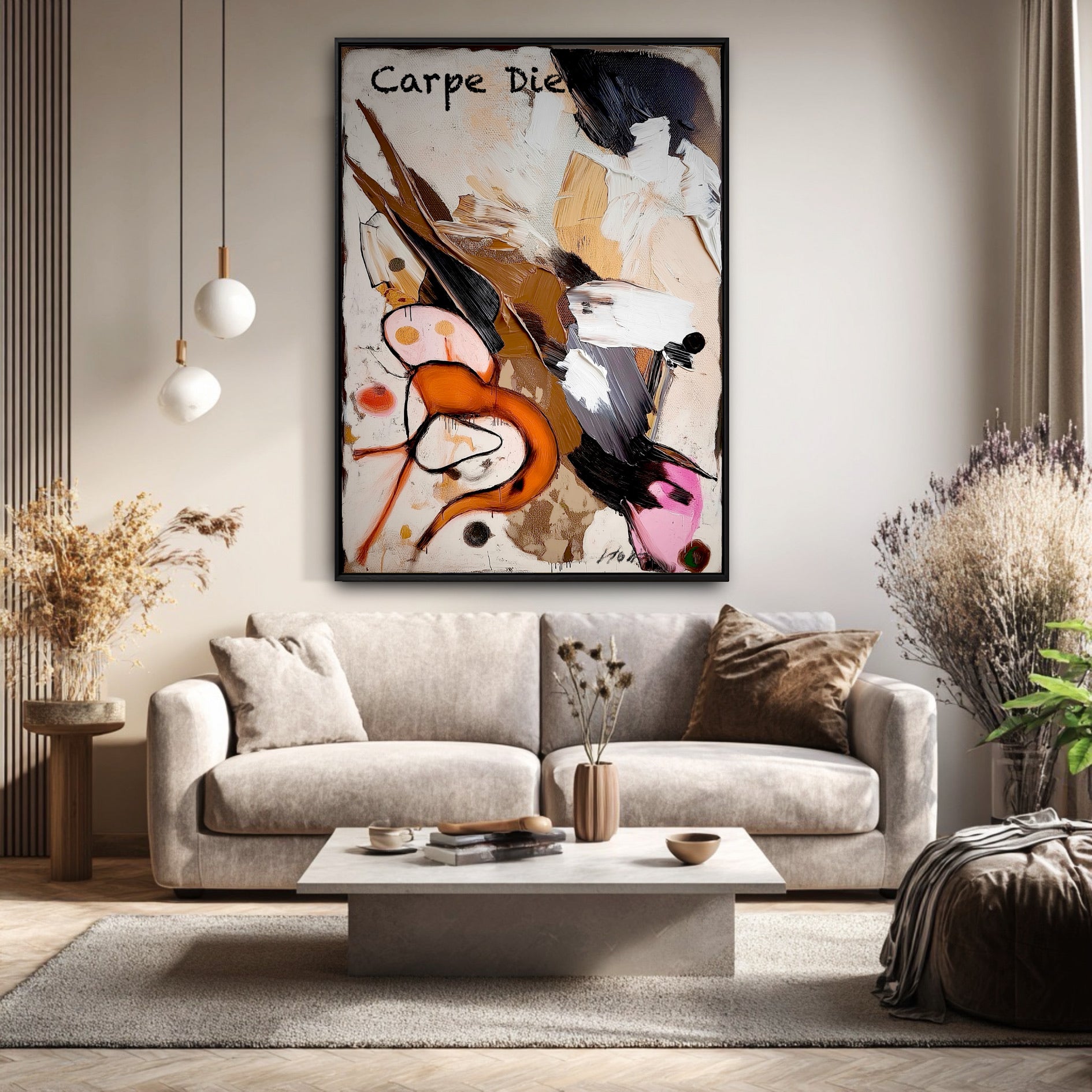Original "Carpe Diem" abstract painting hanging above a plush beige sofa in a cozy, modern living room with dried grasses.