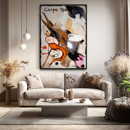Original "Carpe Diem" abstract painting hanging above a plush beige sofa in a cozy, modern living room with dried grasses.