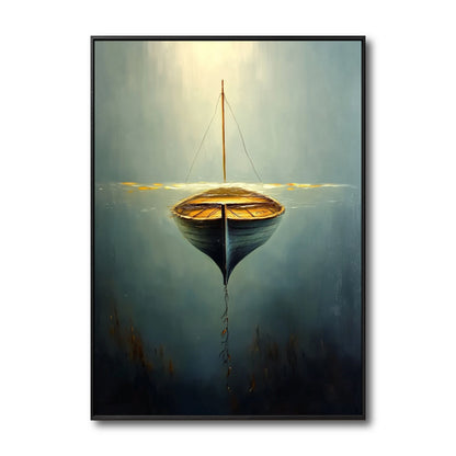 Original surreal painting of a boat. Shows above and below the water. Balanced-tone with cool blue and warm gold. Modern, serene art.