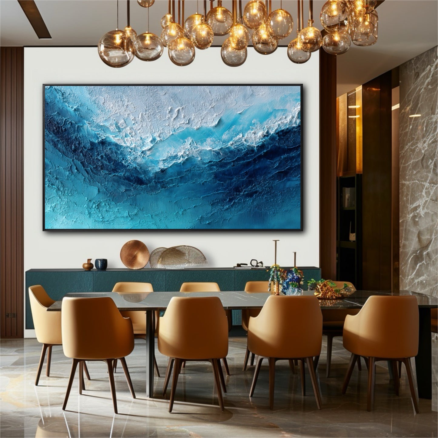 The painting's rich, natural texture contrasts beautifully with the sleek marble and gold lighting in this luxurious modern dining room.