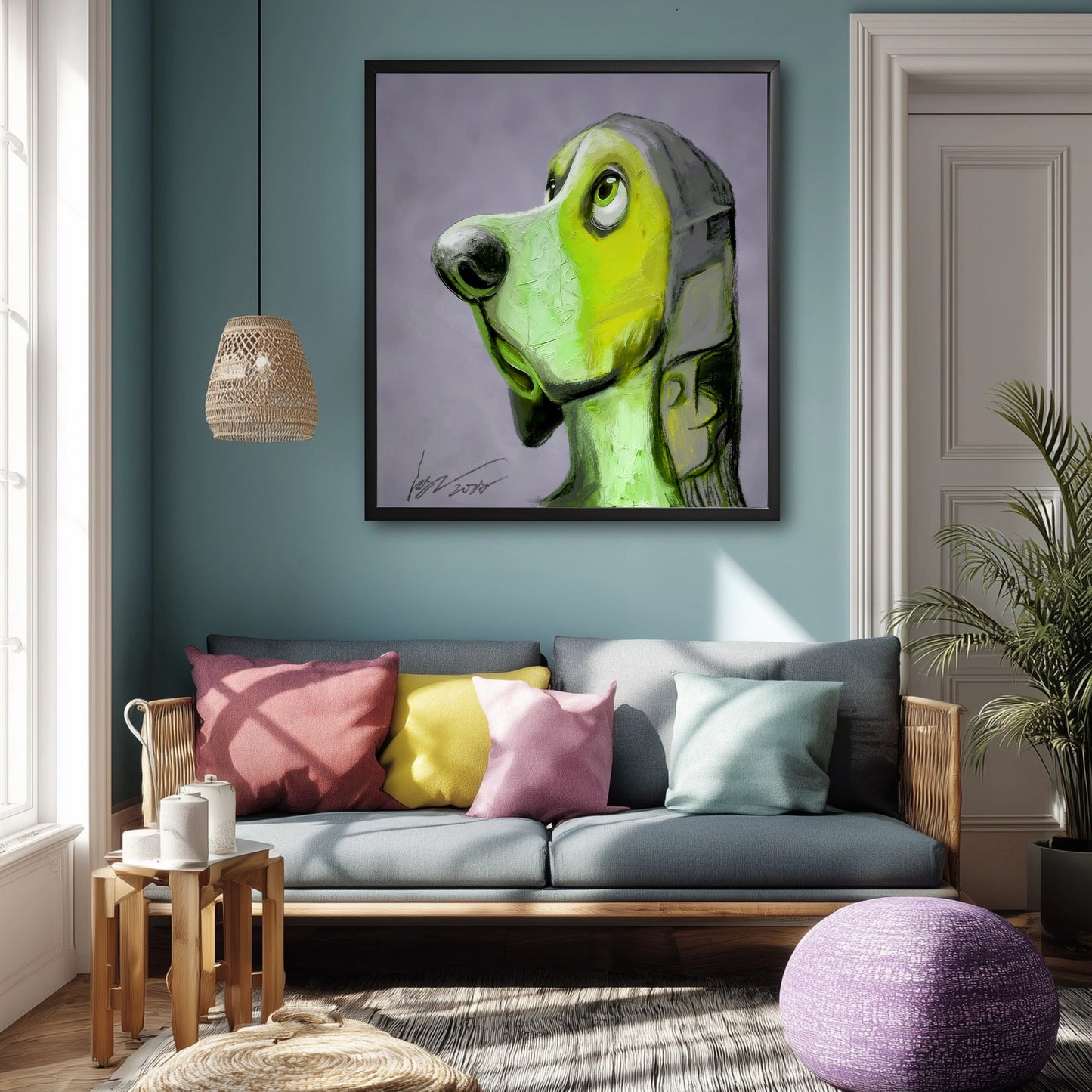 Modern green dog painting hangs in a cozy, sunlit reading corner, its yellow-green tones matching the accent pillow on the bean bag.