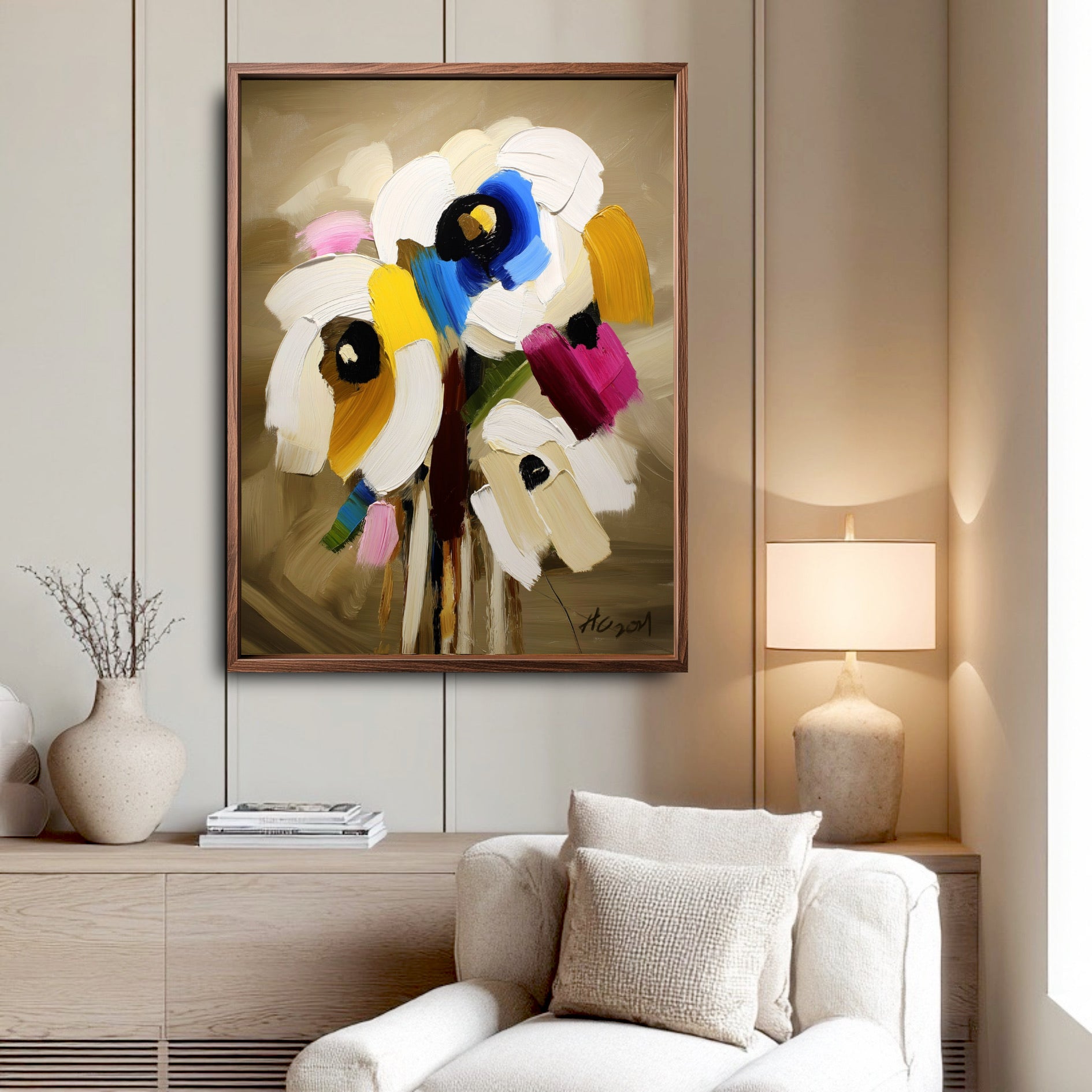 Original abstract floral art in a cozy reading nook. Warm neutral lighting and soft textures create a serene, calming retreat.