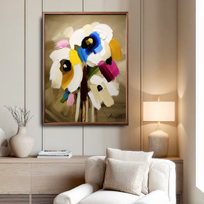 Original abstract floral art in a cozy reading nook. Warm neutral lighting and soft textures create a serene, calming retreat.