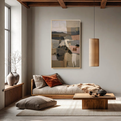 Serene vertical abstract art creates a calm focal point above the natural wood daybed and rustic furniture in this bright, minimalist room.