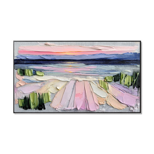 Original hand-painted abstract sunset art. Warm/cool color contrast, high texture impasto, landscape movement, romantic vibe painting.