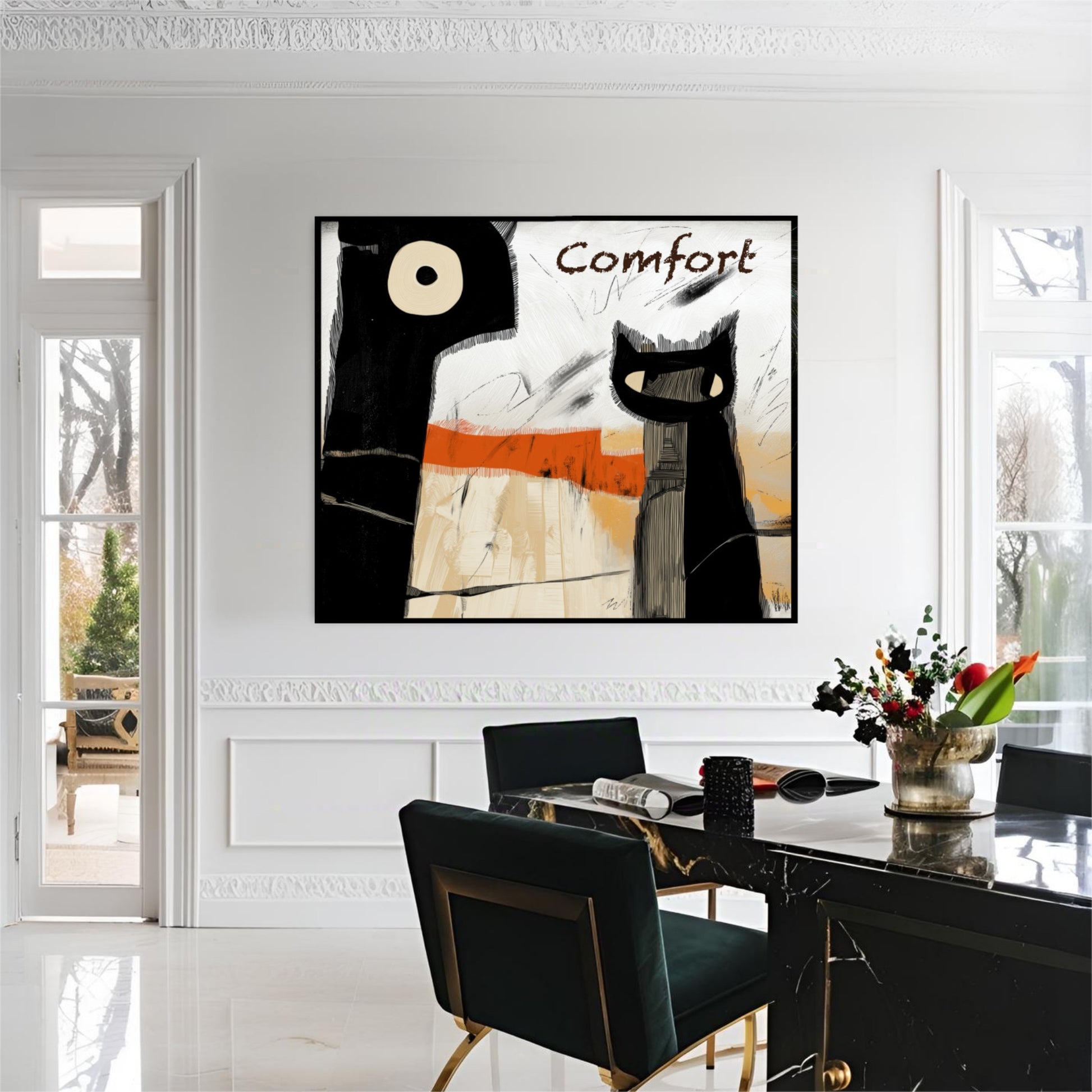 Expressionist "Comfort" painting enhances a formal white dining room; its black shapes mirror the modern marble table and chairs.