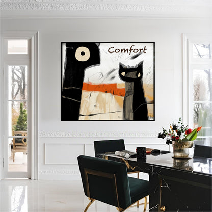 Expressionist "Comfort" painting enhances a formal white dining room; its black shapes mirror the modern marble table and chairs.