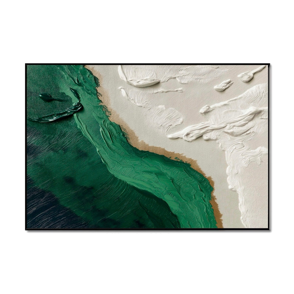 Original thick texture hand-painted abstract coastal oil painting. Deep emerald green and white impasto seascape art with gold sand.