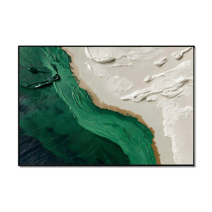 Original thick texture hand-painted abstract coastal oil painting. Deep emerald green and white impasto seascape art with gold sand.