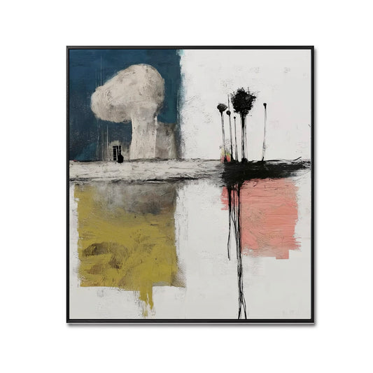 A whimsical, abstract hand-drawn oil painting: a horizontal landscape of natural elements in rustic strokes, featuring cold and colorful tones.