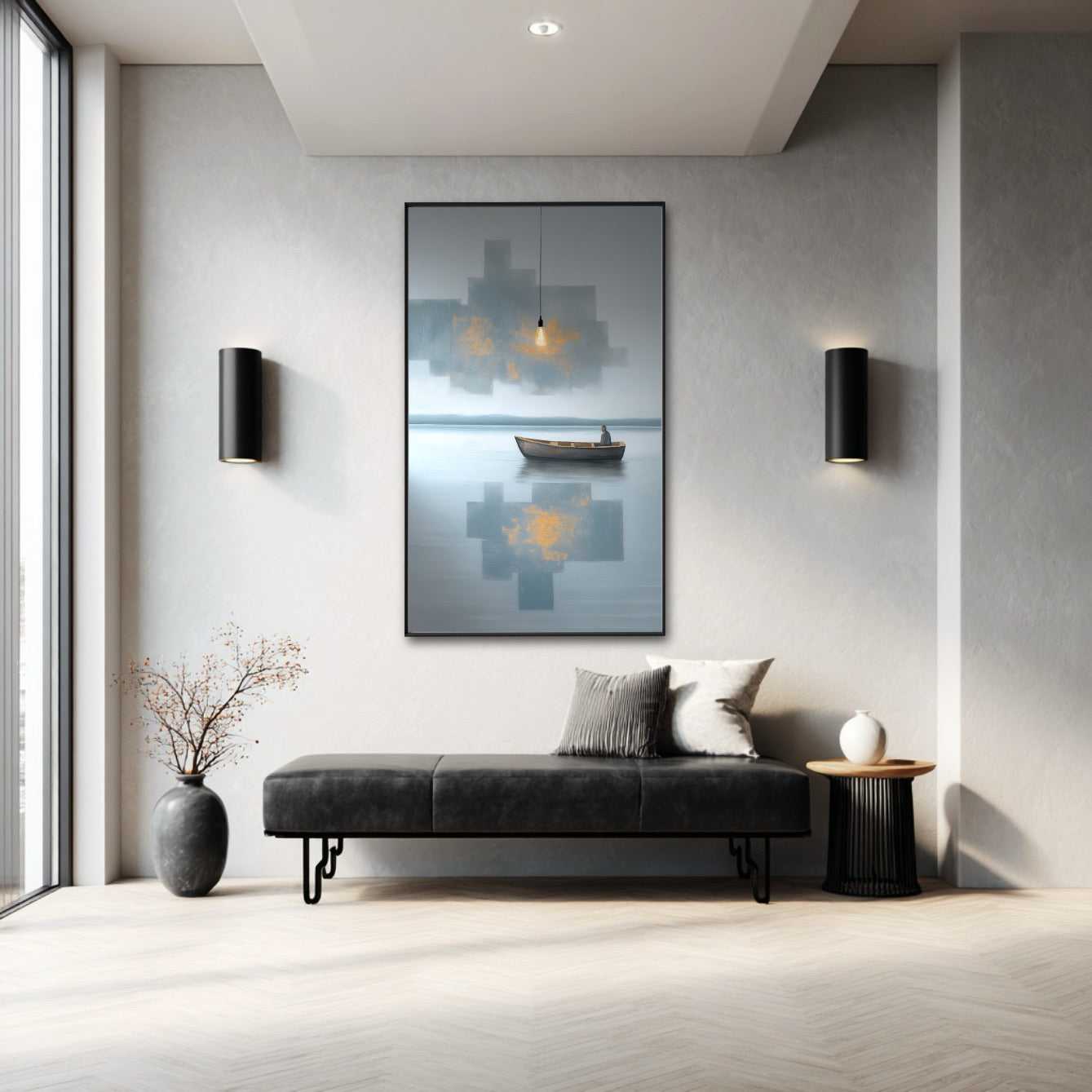 Minimalist boat art hangs over a black leather bench in a bright, modern room with high ceilings and large windows.