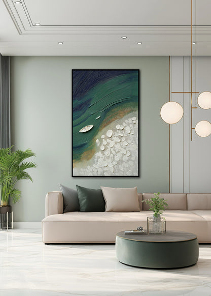 Vertical deep green and white coastal art grounding the soft, pale green wall and light pink sofa, creating modern color cohesion.