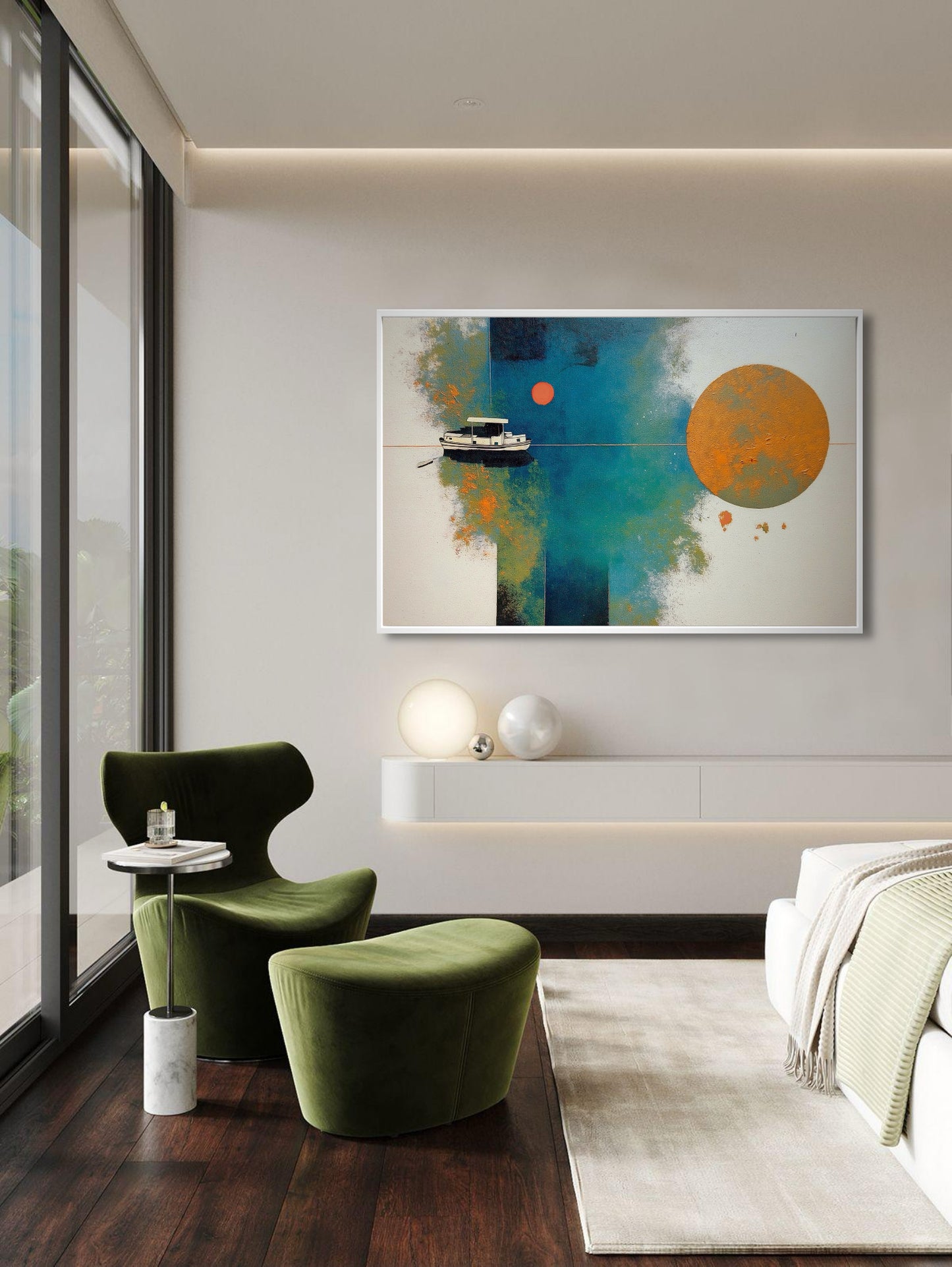 Abstract nautical painting provides warm orange contrast to the deep emerald velvet chair and dark wood flooring in a modern bedroom.