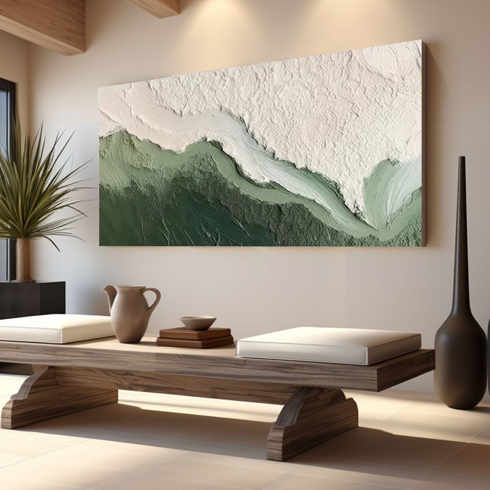 Textured abstract art enhancing a zen, minimalist space with a low wood table and large vertical window.