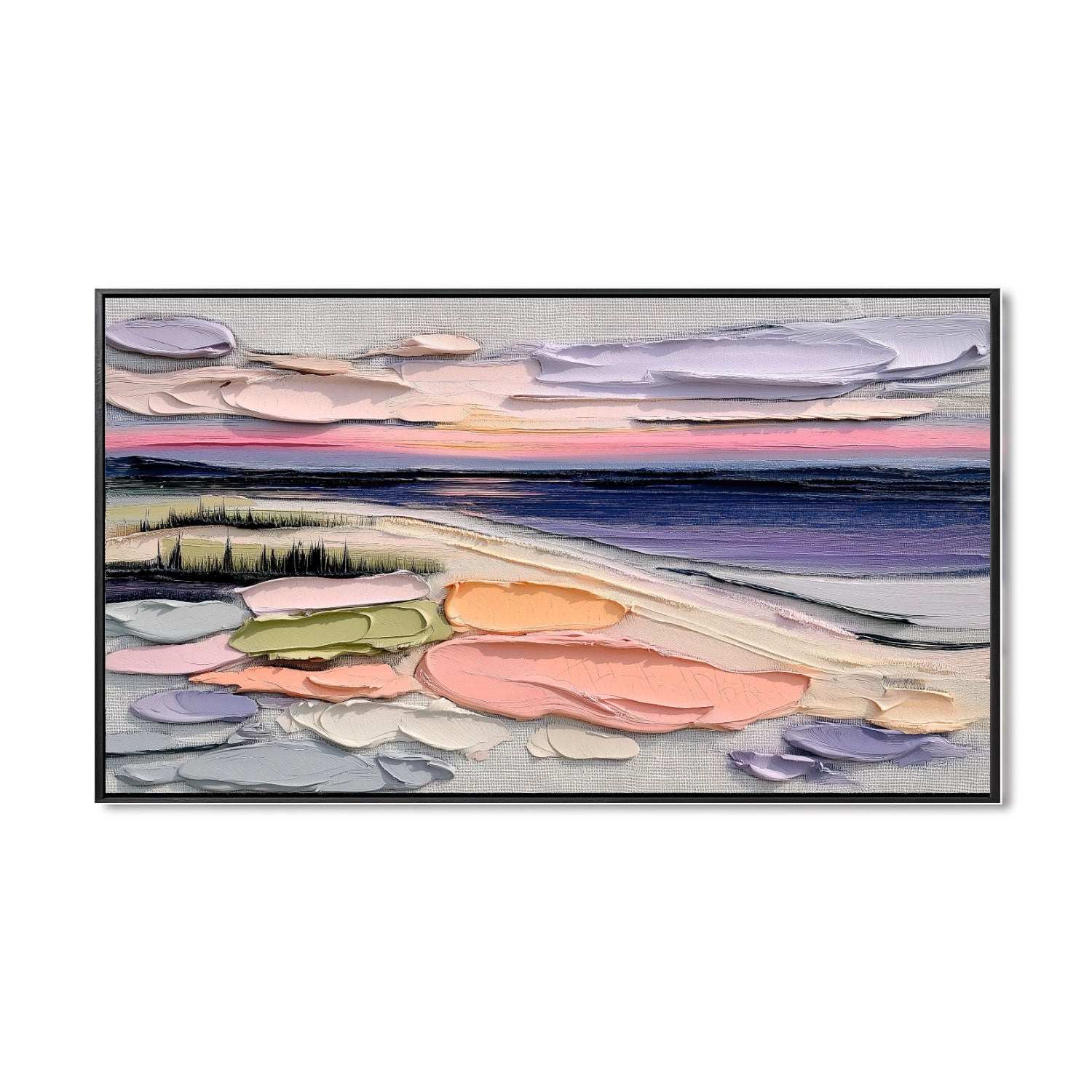 Original hand-painted abstract sunset art. Warm/cool color contrast, extreme texture impasto, rhythmic movement, serene coastal vibe painting.