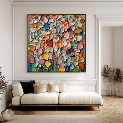 Maximalist abstract art bursts with color and texture, contrasting the clean, classic lines of the white paneled wall and sofa.