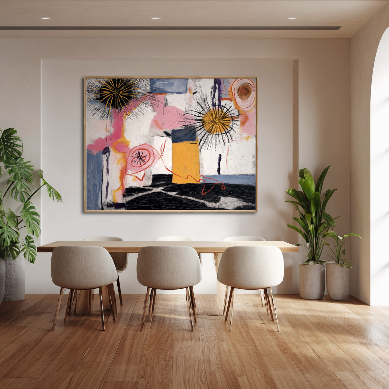 Modern dining room with abstract art on the wall, wooden table, and chairs.