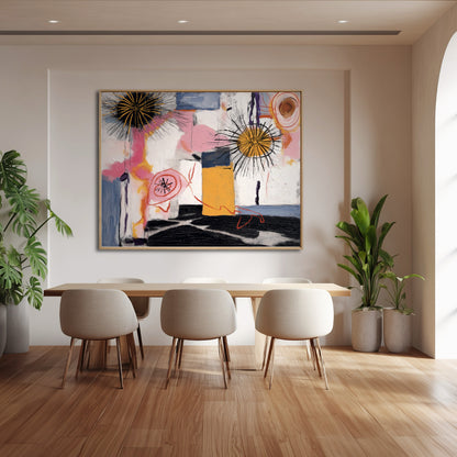Modern dining room with abstract art on the wall, wooden table, and chairs.
