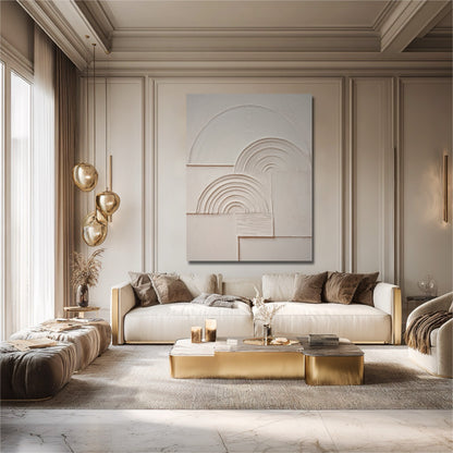 Large white plaster art in a luxurious neoclassical living room with a gold coffee table and classic wall paneling.