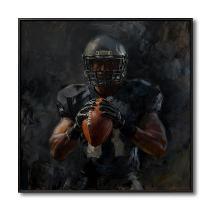 Original framed oil painting of a football player in a dark uniform and helmet, holding a football with intense focus.