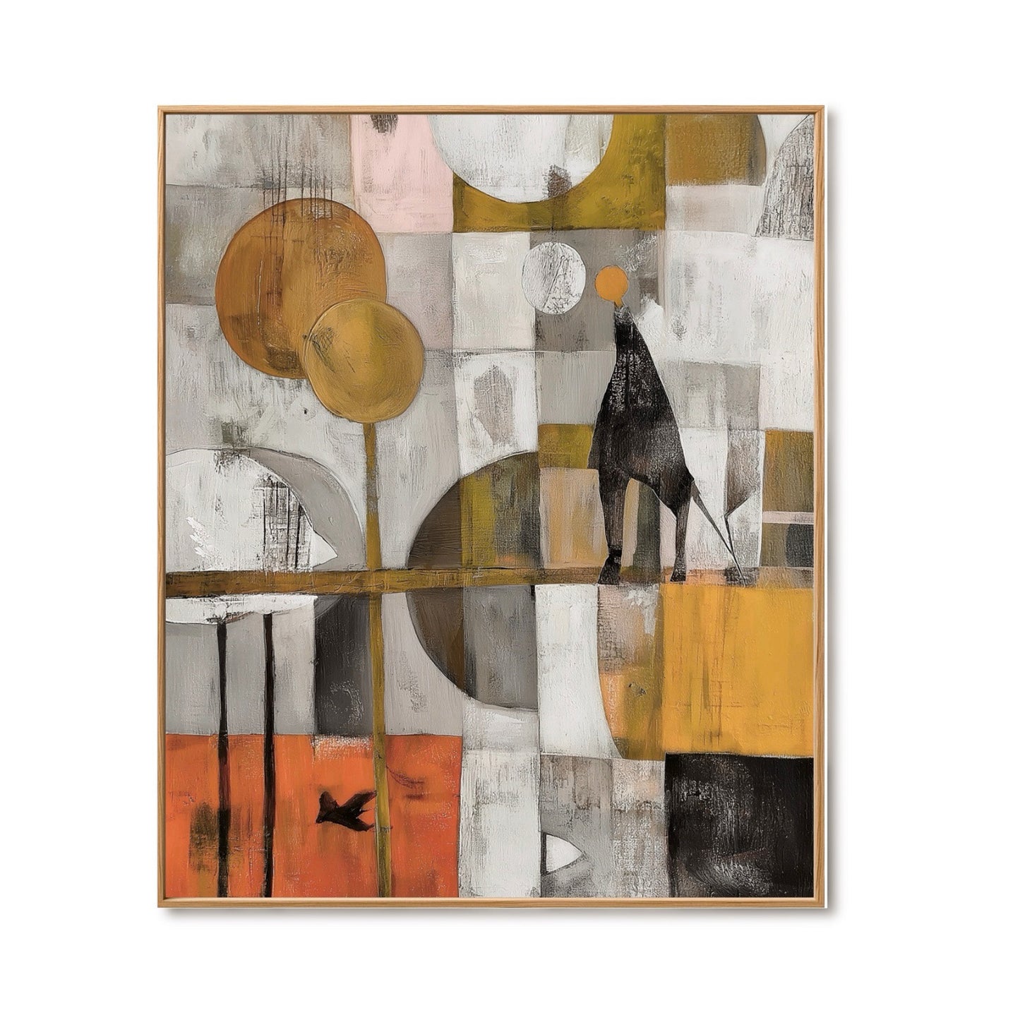 Original abstract geometric figural painting. Warm ochre, grey, and orange block pattern with a solitary figure and bird; contemporary style.