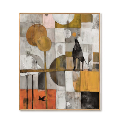 Original abstract geometric figural painting. Warm ochre, grey, and orange block pattern with a solitary figure and bird; contemporary style.