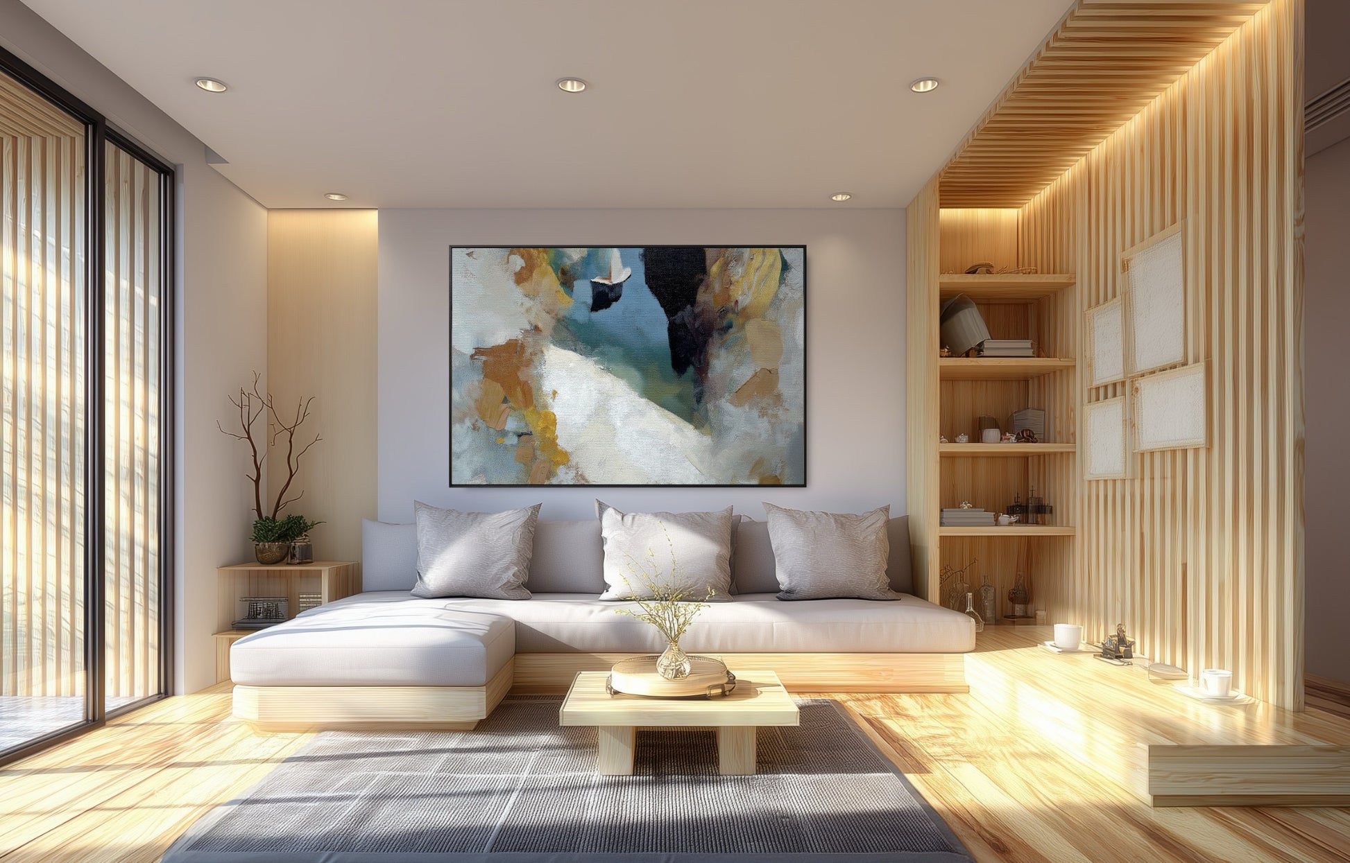 Expansive hand-painted abstract art lending dynamic scale and vibrant color to the airy, minimalist room with large windows and a white sectional.
