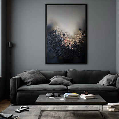 Vertical textured abstract art centers a moody, monochromatic living room above a plush charcoal sofa and dark coffee table.