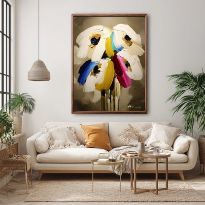 Original floral wall art in a sunlit boho living room. Organic textures and neutral decor highlight the painting's vivid colors.
