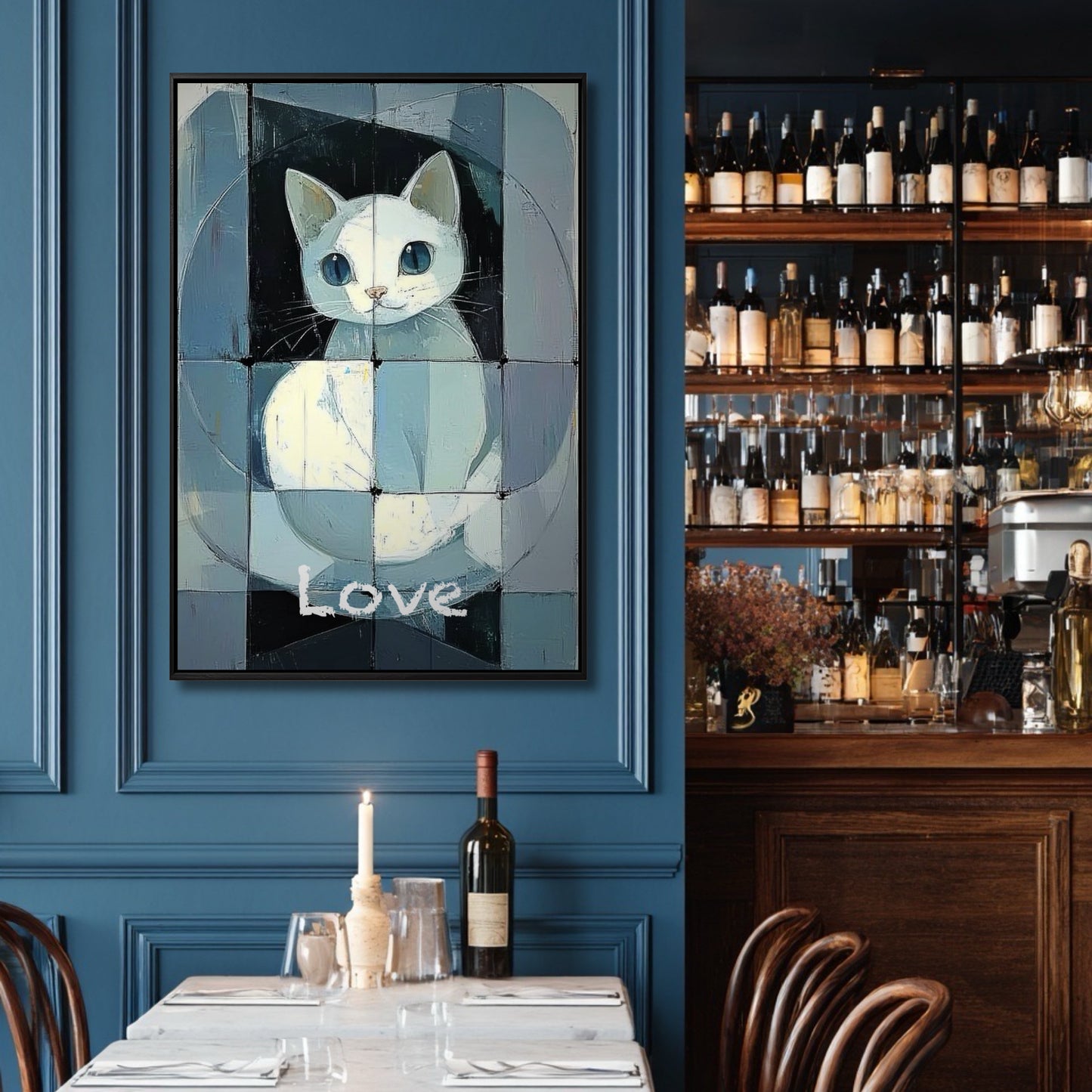 The abstract cat painting's blue hues perfectly complement the deep blue moulded walls of a sophisticated bar and restaurant setting.