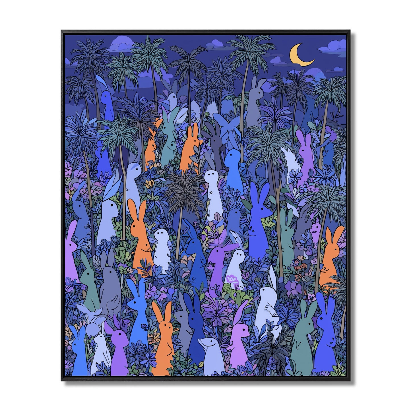 Original, cold-tone, dark jungle rabbit painting; promoting unique concept, vibrant color contrast, and mysterious atmosphere.
