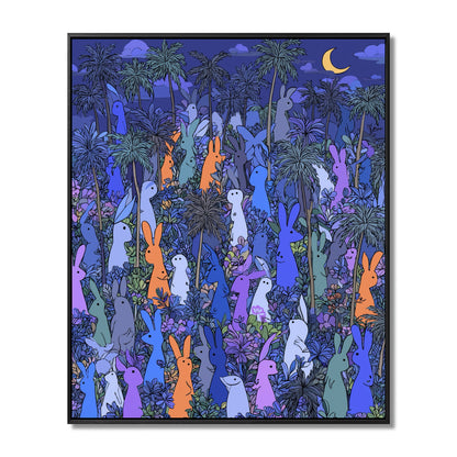 Original, cold-tone, dark jungle rabbit painting; promoting unique concept, vibrant color contrast, and mysterious atmosphere.