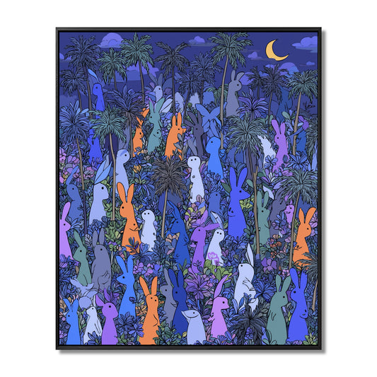 Original, cold-tone, dark jungle rabbit painting; promoting unique concept, vibrant color contrast, and mysterious atmosphere.