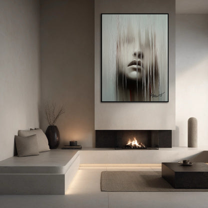 Abstract portrait with textured lines. Neutral wall art for a bright, modern living room. Creates a calm and contemplative atmosphere.