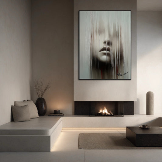 Abstract portrait with textured lines. Neutral wall art for a bright, modern living room. Creates a calm and contemplative atmosphere.