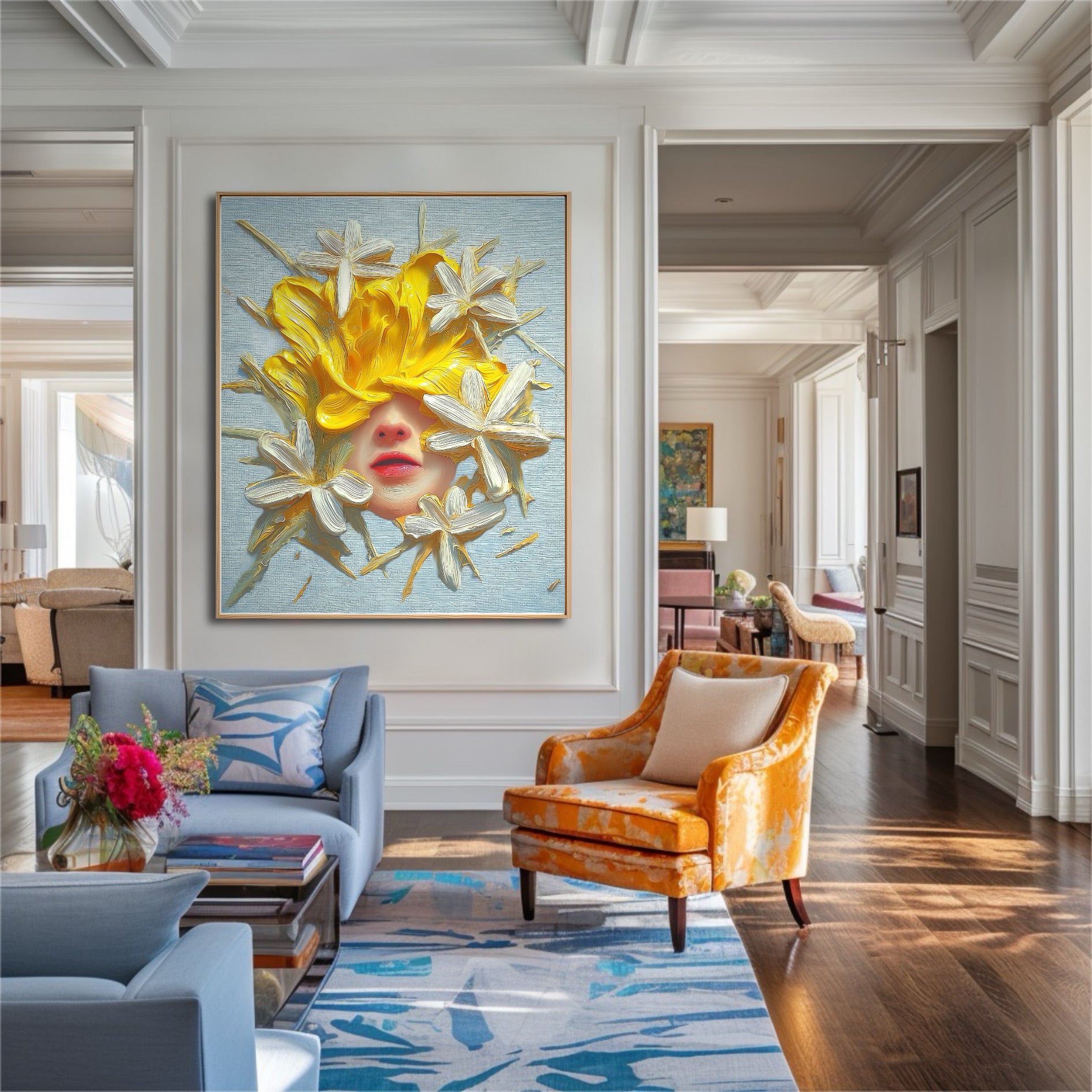 Textured yellow and white flower portrait enhances a luxurious traditional living room. The vibrant art pops against the white wainscoting and dark wood flooring.