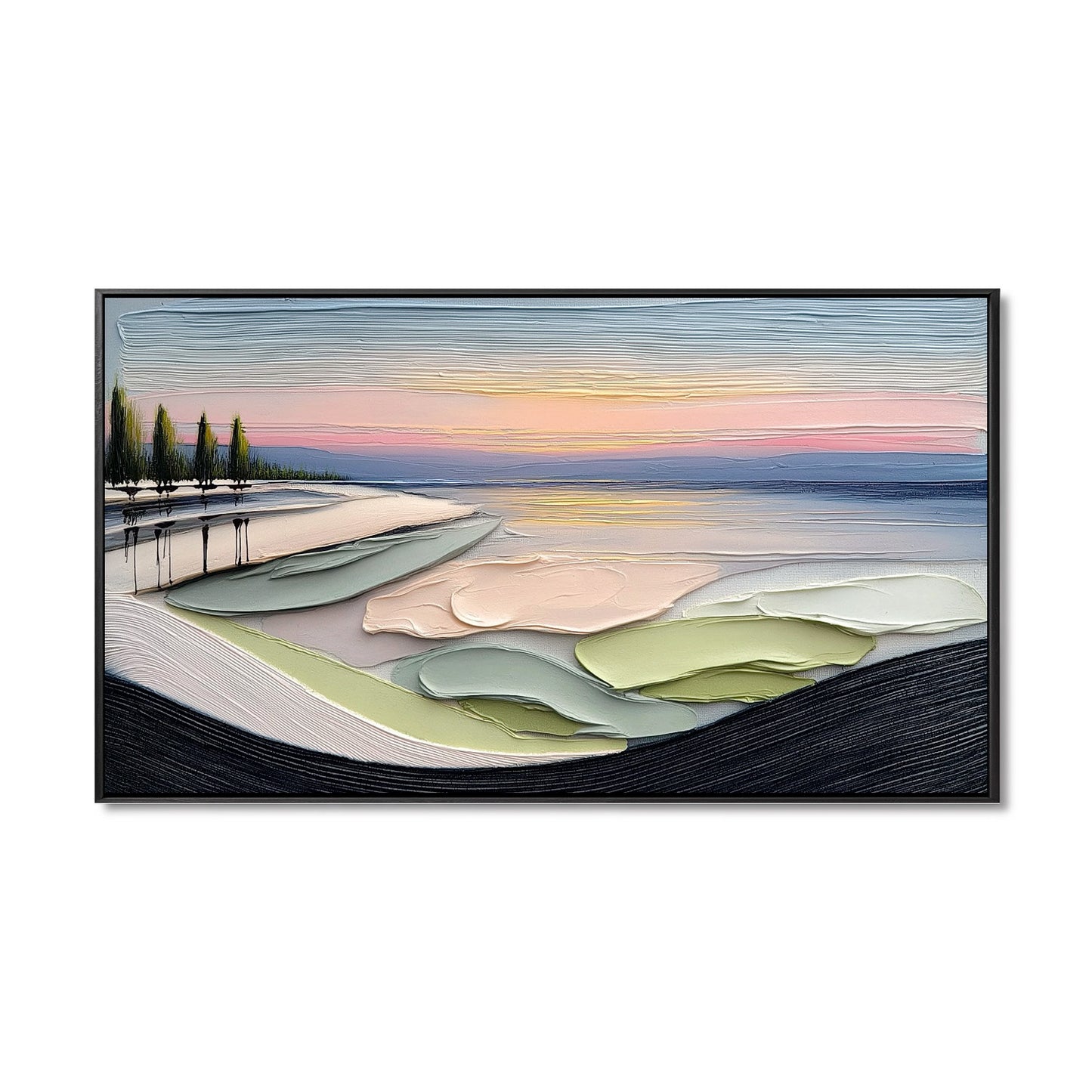 Original textured impasto landscape oil painting. Beach sunset art with cool tones, abstract waves, modern hand-painted wall decor.