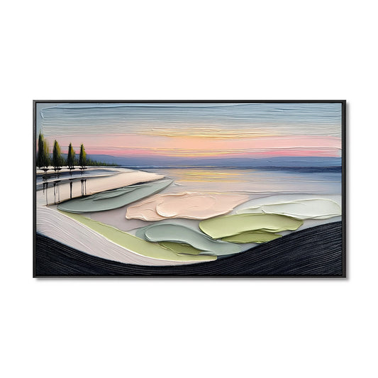 Original textured impasto landscape oil painting. Beach sunset art with cool tones, abstract waves, modern hand-painted wall decor.