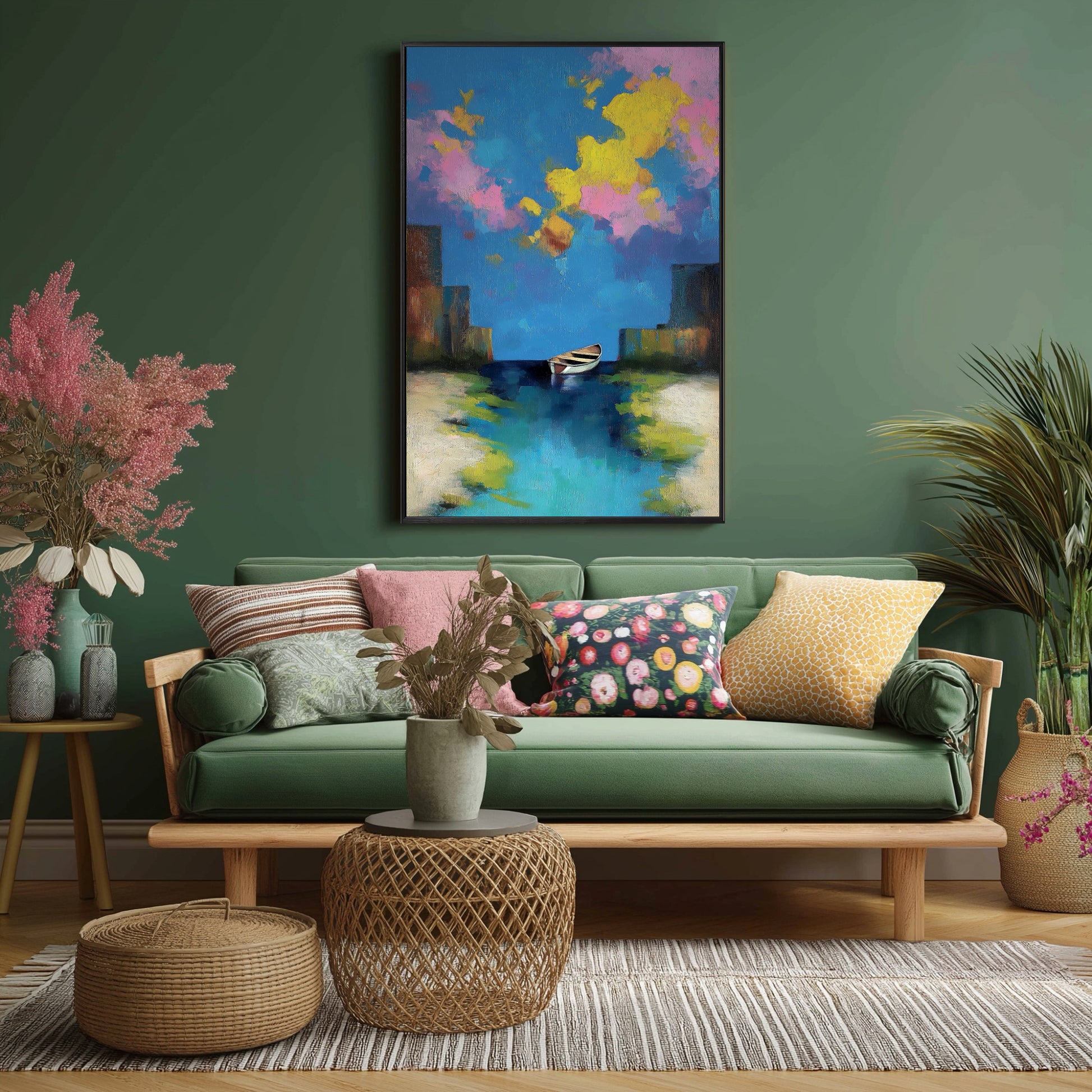 Abstract cityscape boat painting adds a bold color splash to a cozy bohemian room with green walls and natural rattan furniture.