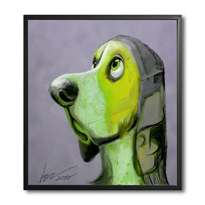 Original modern painting of a whimsical green dog. Features thick texture and a curious expression on a grey background.