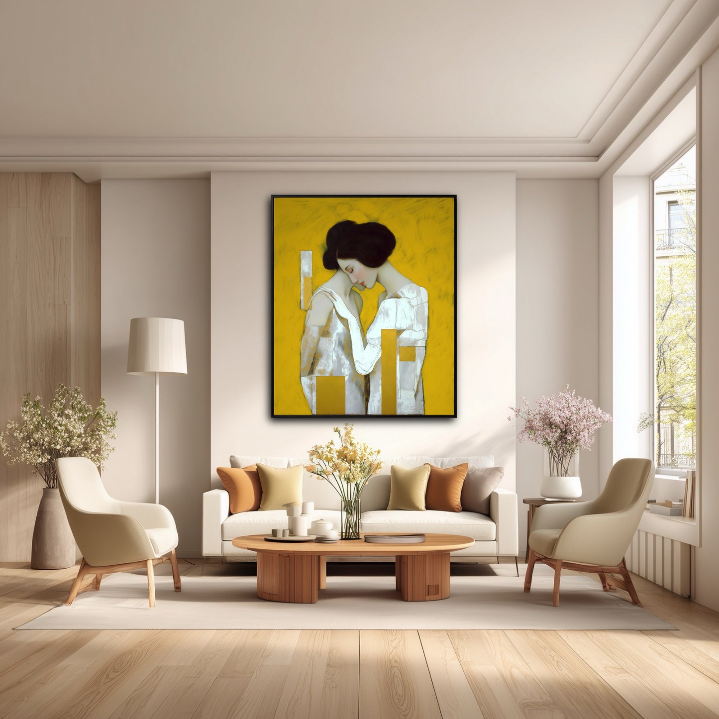 Modern abstract art of two figures on a yellow canvas. Wall art for a minimalist living room with clean lines and natural light.