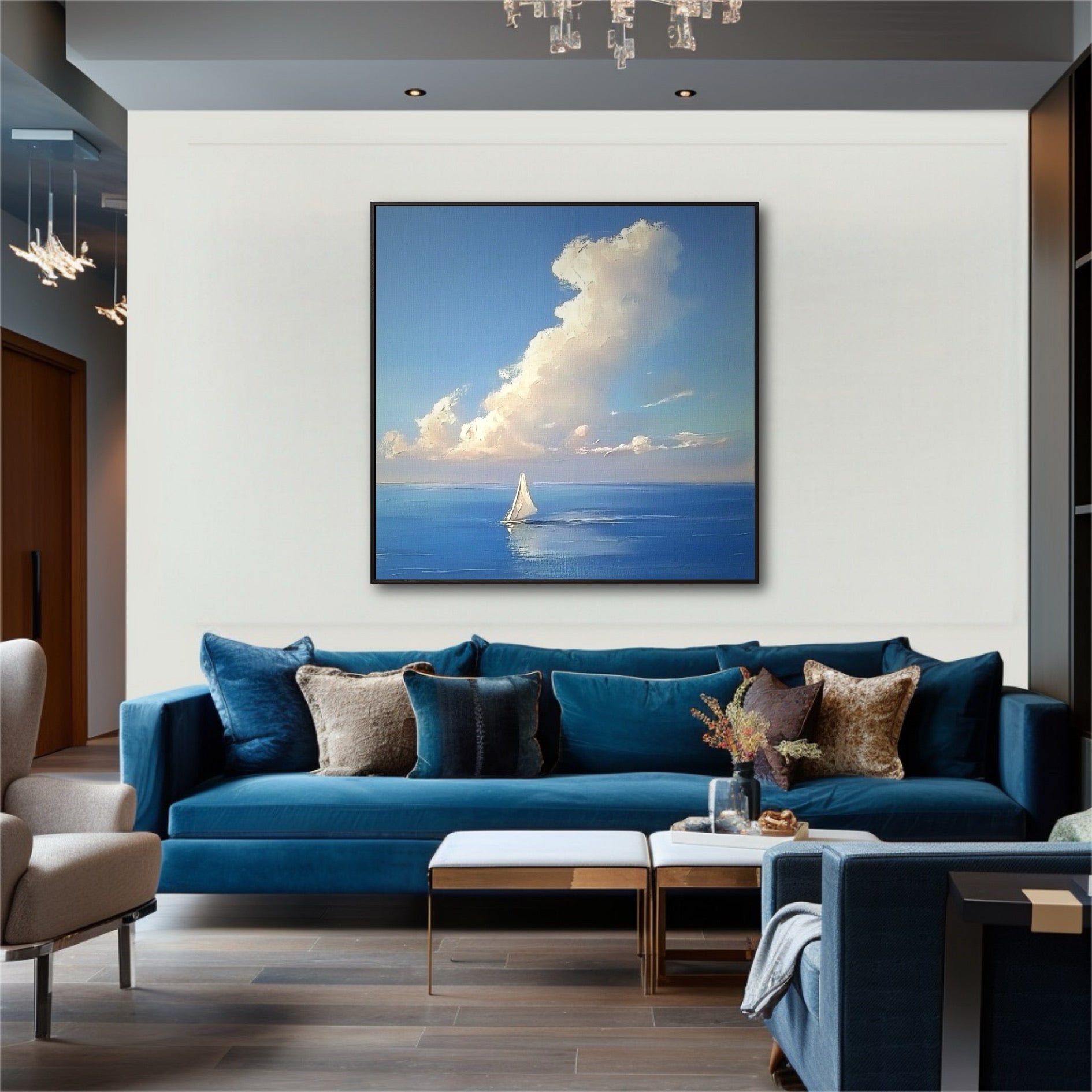 Modern living room with a blue velvet sofa, where a large, bright sailboat painting hangs on a white wall as a focal point.