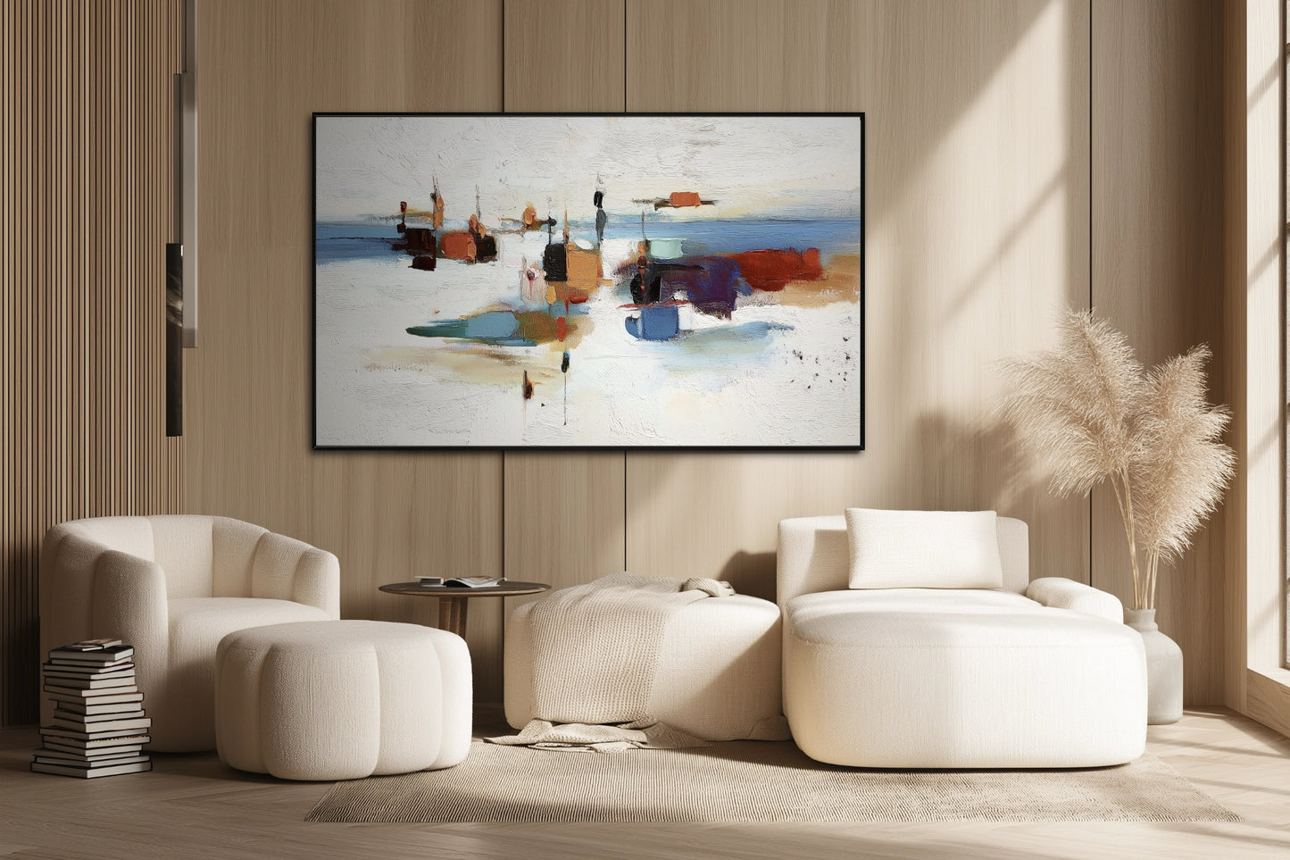 Bold abstract art contrasting the boucle furniture and warm wood paneling, adding a dynamic color focal point to the neutral room.